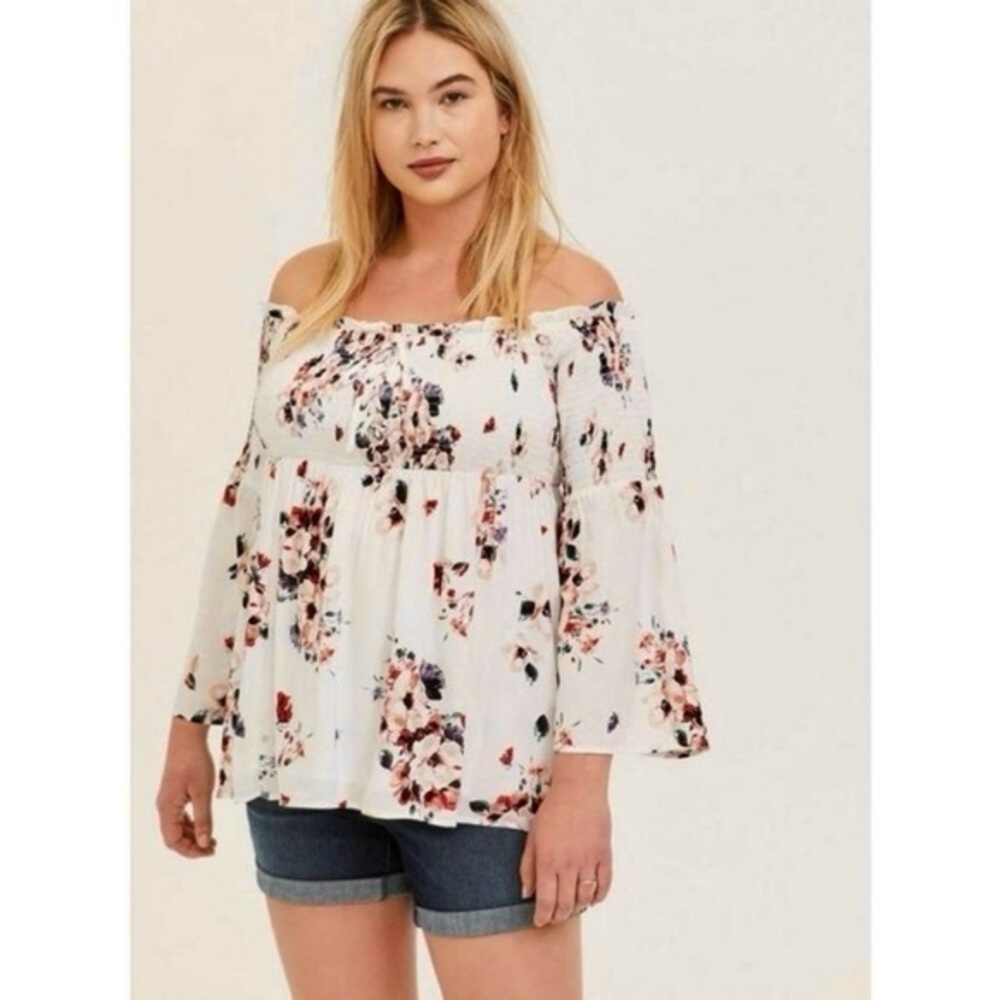 Torrid Ivory Top Off the Shoulder Smocked Floral Ivory Bell Sleeve 5X Boho Chic